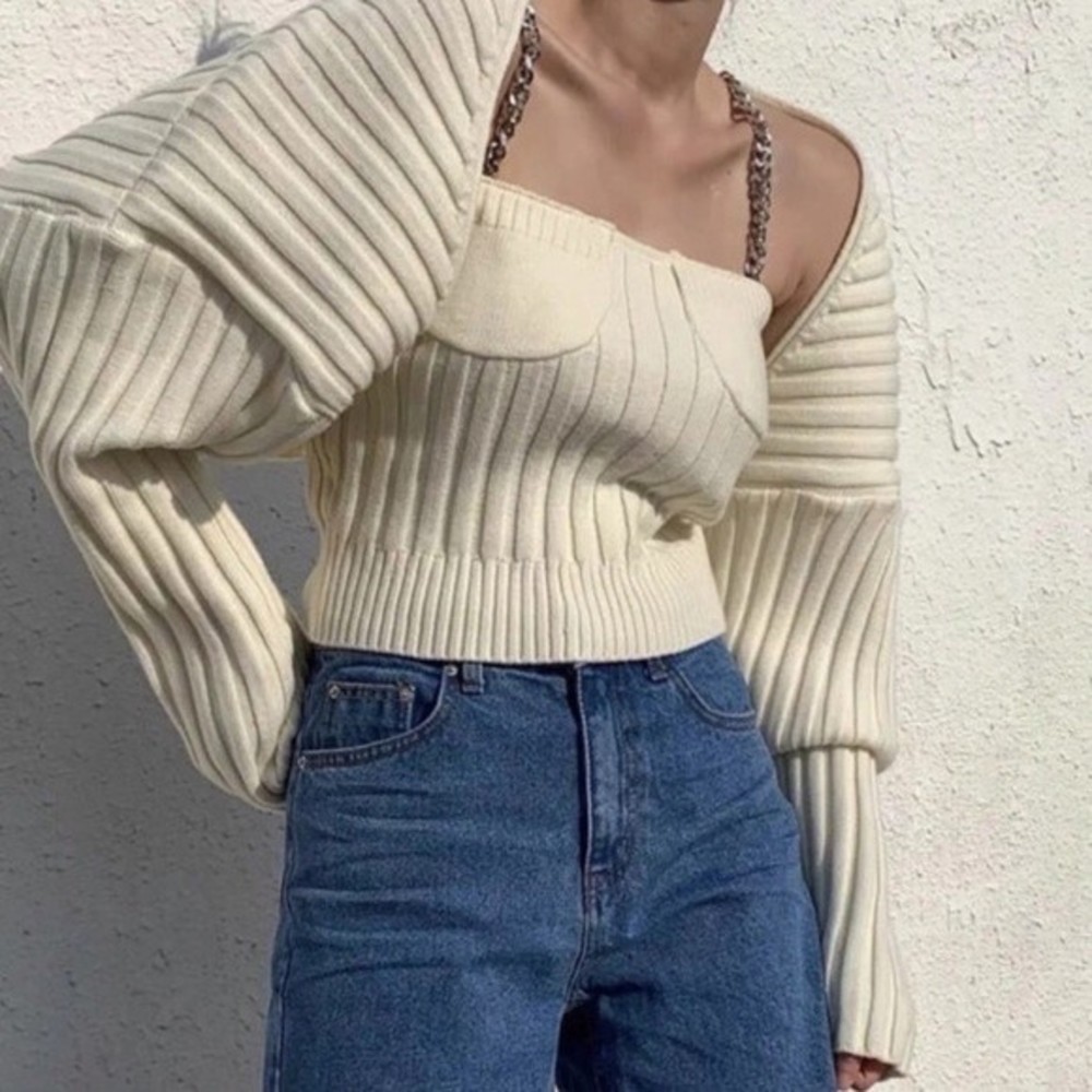 Lantern Sleeve Bolero Rib-knit Cardigan Set